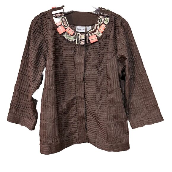 CHICO’S Women’s Brown Burundi Beat Bernita Jacket Tribal Beading Size 2 (L/12) - Picture 1 of 10